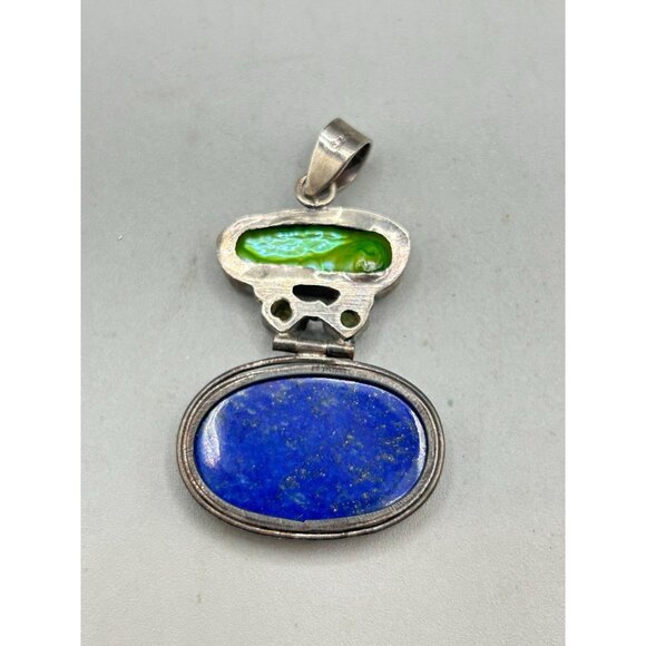 Lapis Lazuli & Green Dyed Pearl Sterling Silver Pendant 2" Charm Pendant - Picture 5 of 6